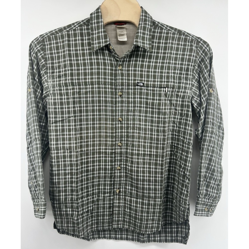 The North Face Mens Large Green Plaid Roll Tab Shirt Hiking Fishing Gorpcore